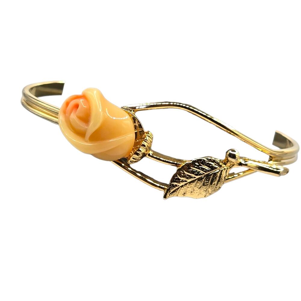 Vintage Bracelet Peach Porcelain Rose Bud Avon Gold Tone Cuff Thin Band 6" S3500